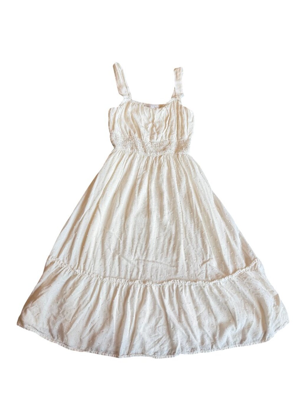 French Grey White Dotted Swiss Smocked Tiered Boho Midi Dress Dot Medium Women's